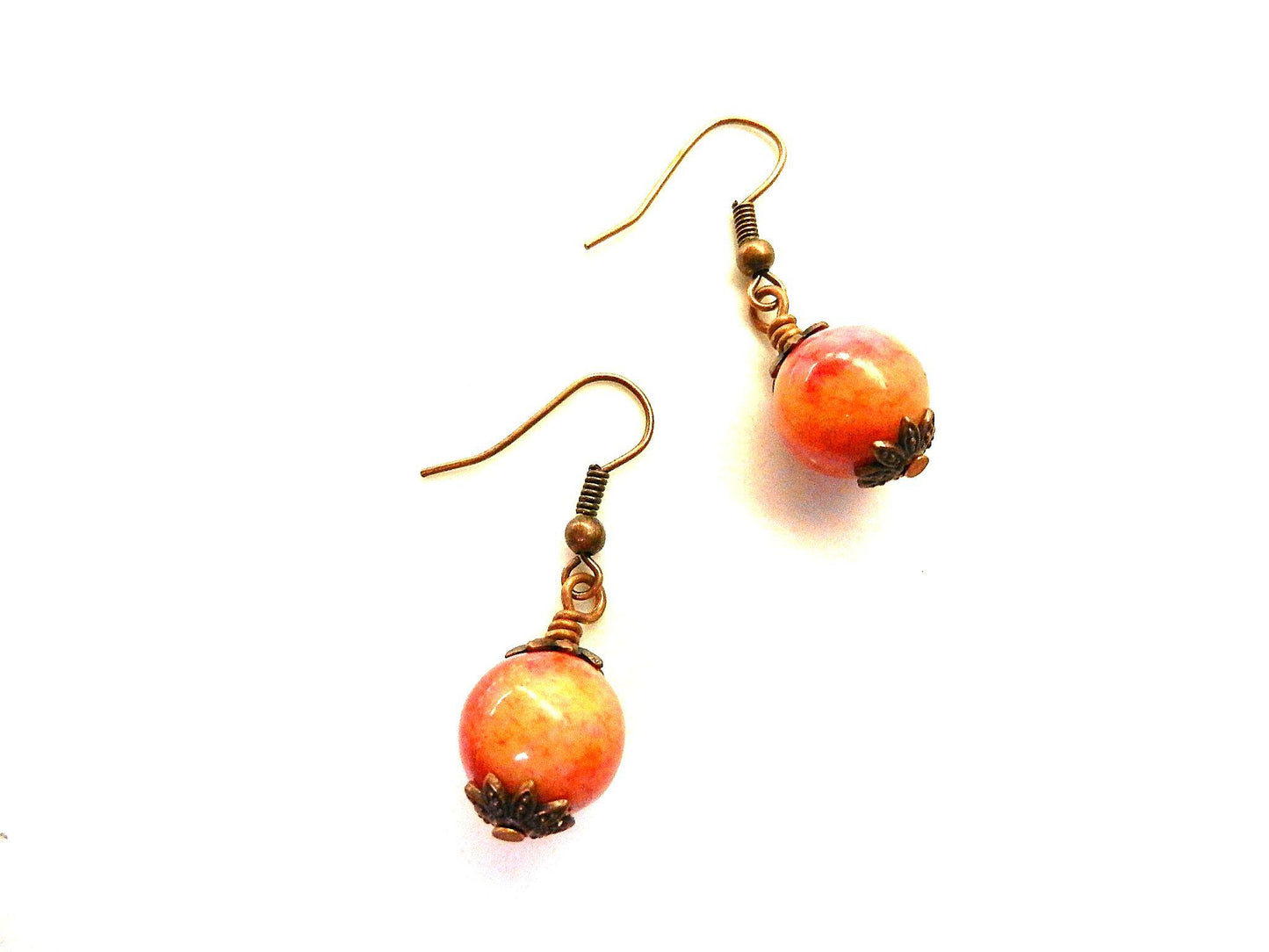 Pink Banded Agate Heart Copper Wire Wrapped with Pink and Orange Crazy Lace Agate Earrings