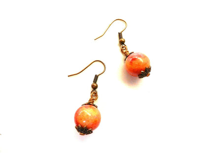 Pink Banded Agate Heart Copper Wire Wrapped with Pink and Orange Crazy Lace Agate Earrings