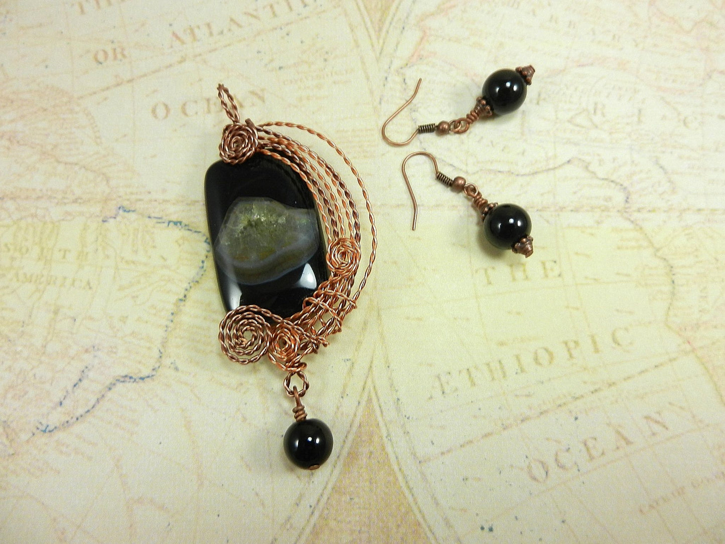 Black Onyx Agate Rectangle Pendant Copper Wire Wrapped with Matching Round Onyx Earrings