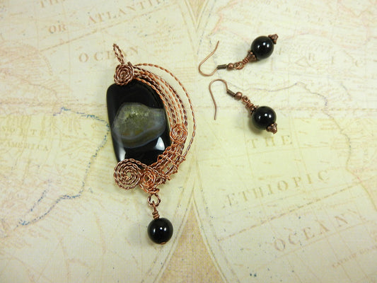 Black Onyx Agate Rectangle Pendant Copper Wire Wrapped with Matching Round Onyx Earrings
