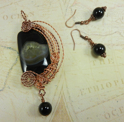Black Onyx Agate Rectangle Pendant Copper Wire Wrapped with Matching Round Onyx Earrings
