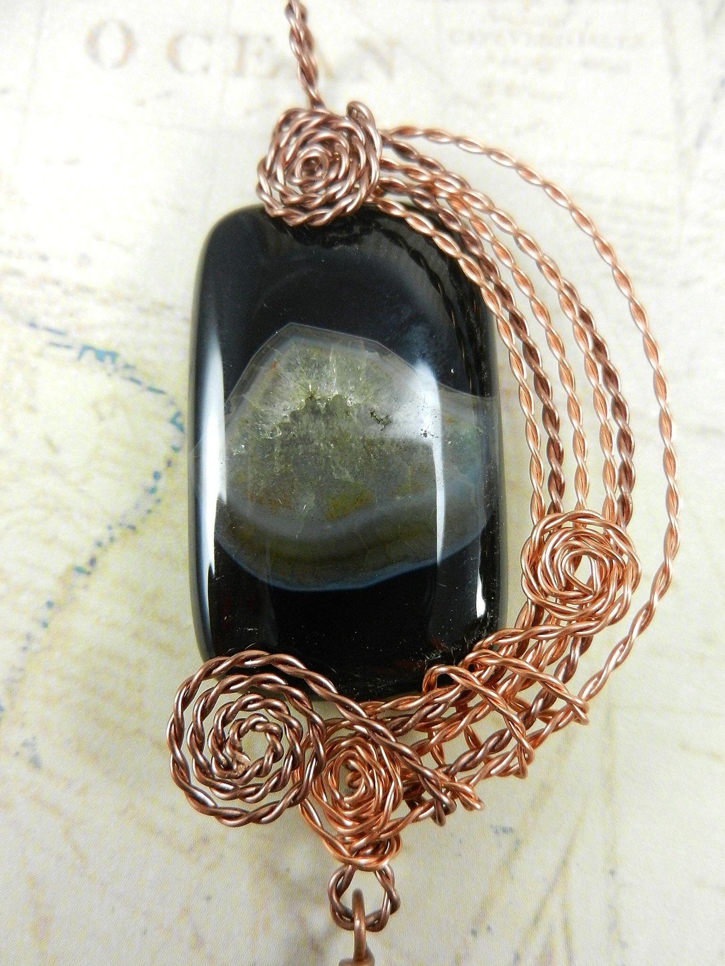 Black Onyx Agate Rectangle Pendant Copper Wire Wrapped with Matching Round Onyx Earrings