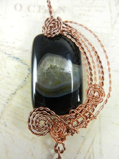 Black Onyx Agate Rectangle Pendant Copper Wire Wrapped with Matching Round Onyx Earrings