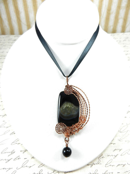 Black Onyx Agate Rectangle Pendant Copper Wire Wrapped with Matching Round Onyx Earrings