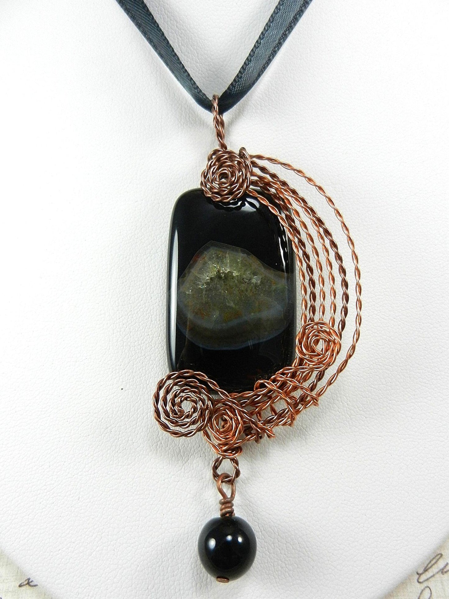 Black Onyx Agate Rectangle Pendant Copper Wire Wrapped with Matching Round Onyx Earrings