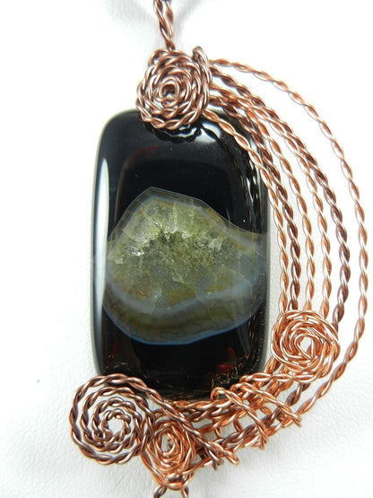 Black Onyx Agate Rectangle Pendant Copper Wire Wrapped with Matching Round Onyx Earrings