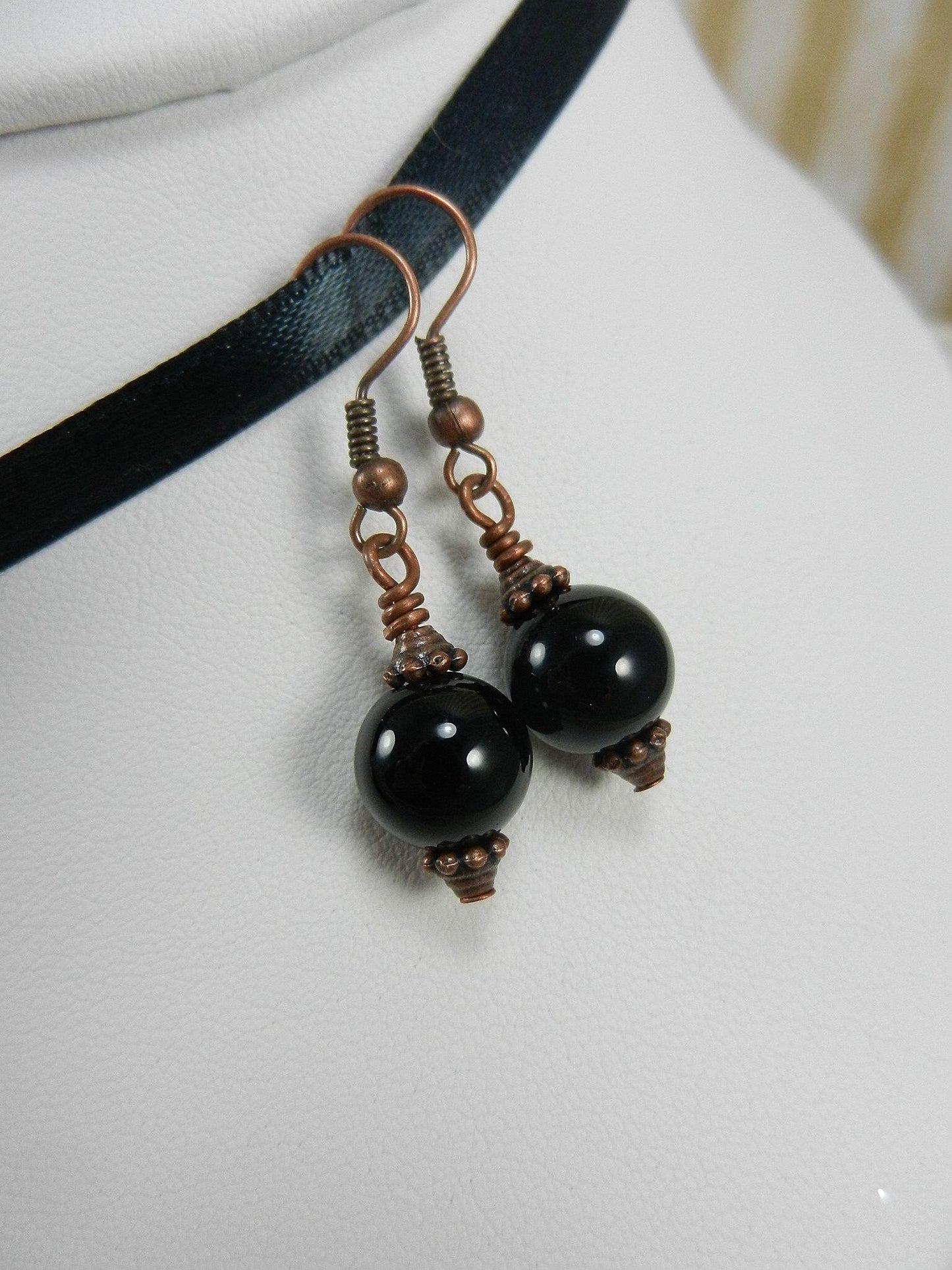 Black Onyx Agate Rectangle Pendant Copper Wire Wrapped with Matching Round Onyx Earrings