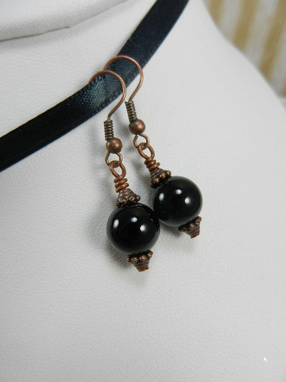 Black Onyx Agate Rectangle Pendant Copper Wire Wrapped with Matching Round Onyx Earrings