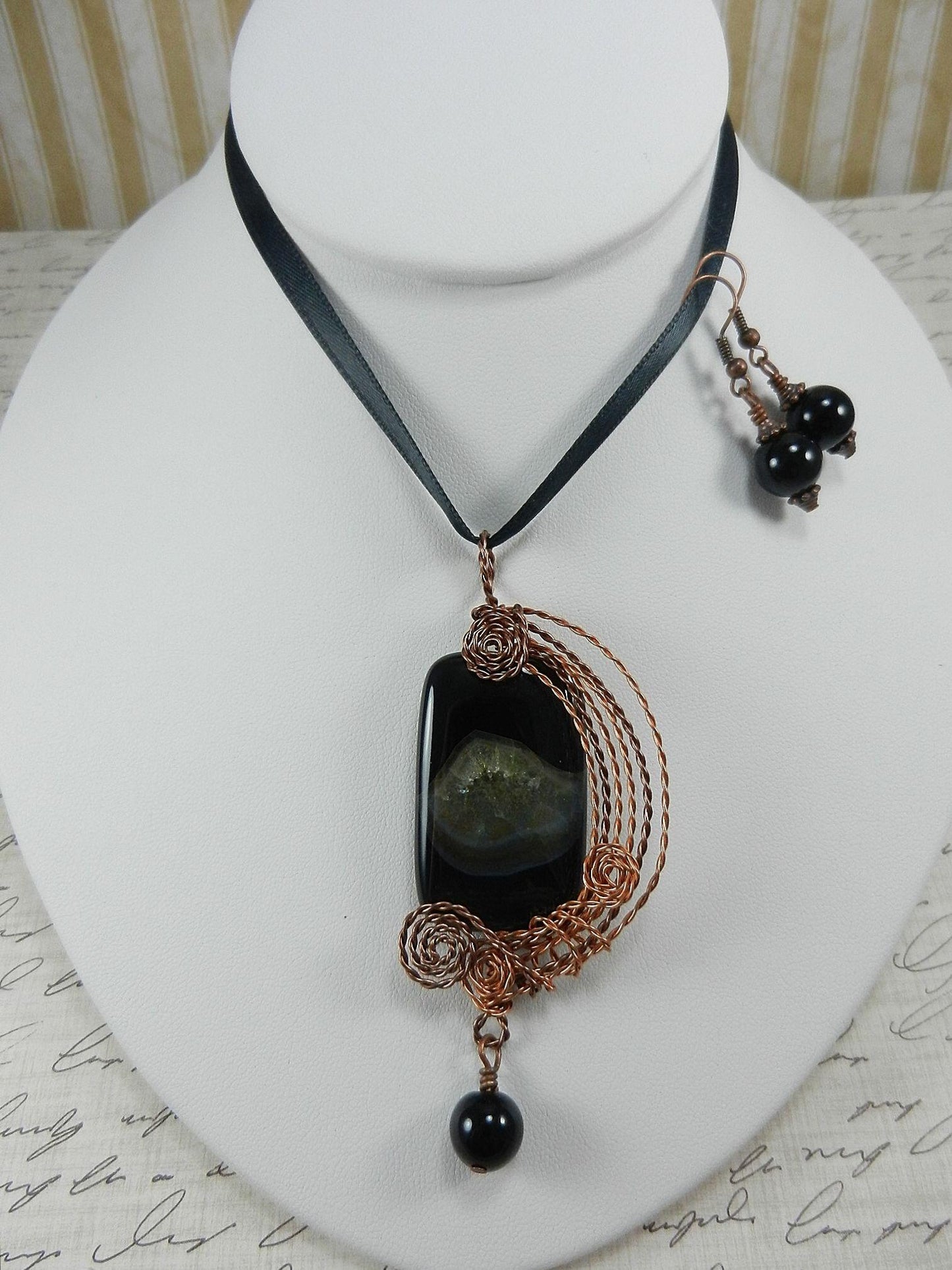 Black Onyx Agate Rectangle Pendant Copper Wire Wrapped with Matching Round Onyx Earrings