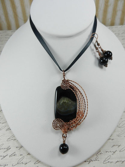 Black Onyx Agate Rectangle Pendant Copper Wire Wrapped with Matching Round Onyx Earrings