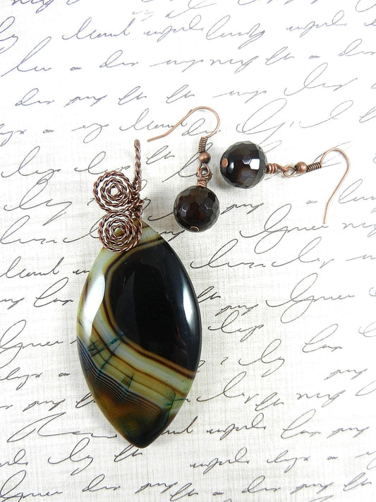 Copper Wire Wrapped Black and Brown Agate Gemstone Pendant with Matching Agate Earrings
