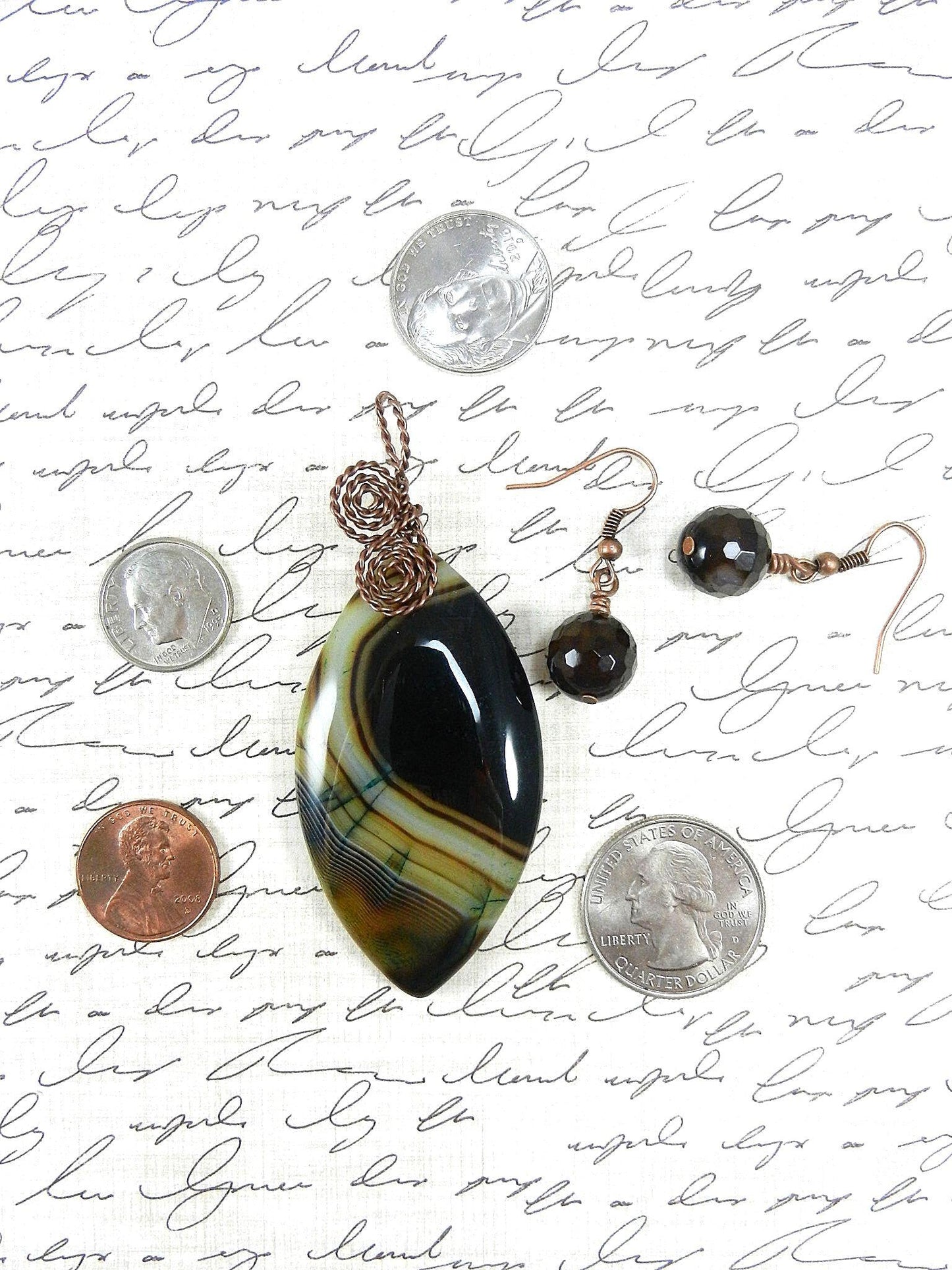 Copper Wire Wrapped Black and Brown Agate Gemstone Pendant with Matching Agate Earrings