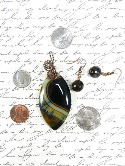 Copper Wire Wrapped Black and Brown Agate Gemstone Pendant with Matching Agate Earrings