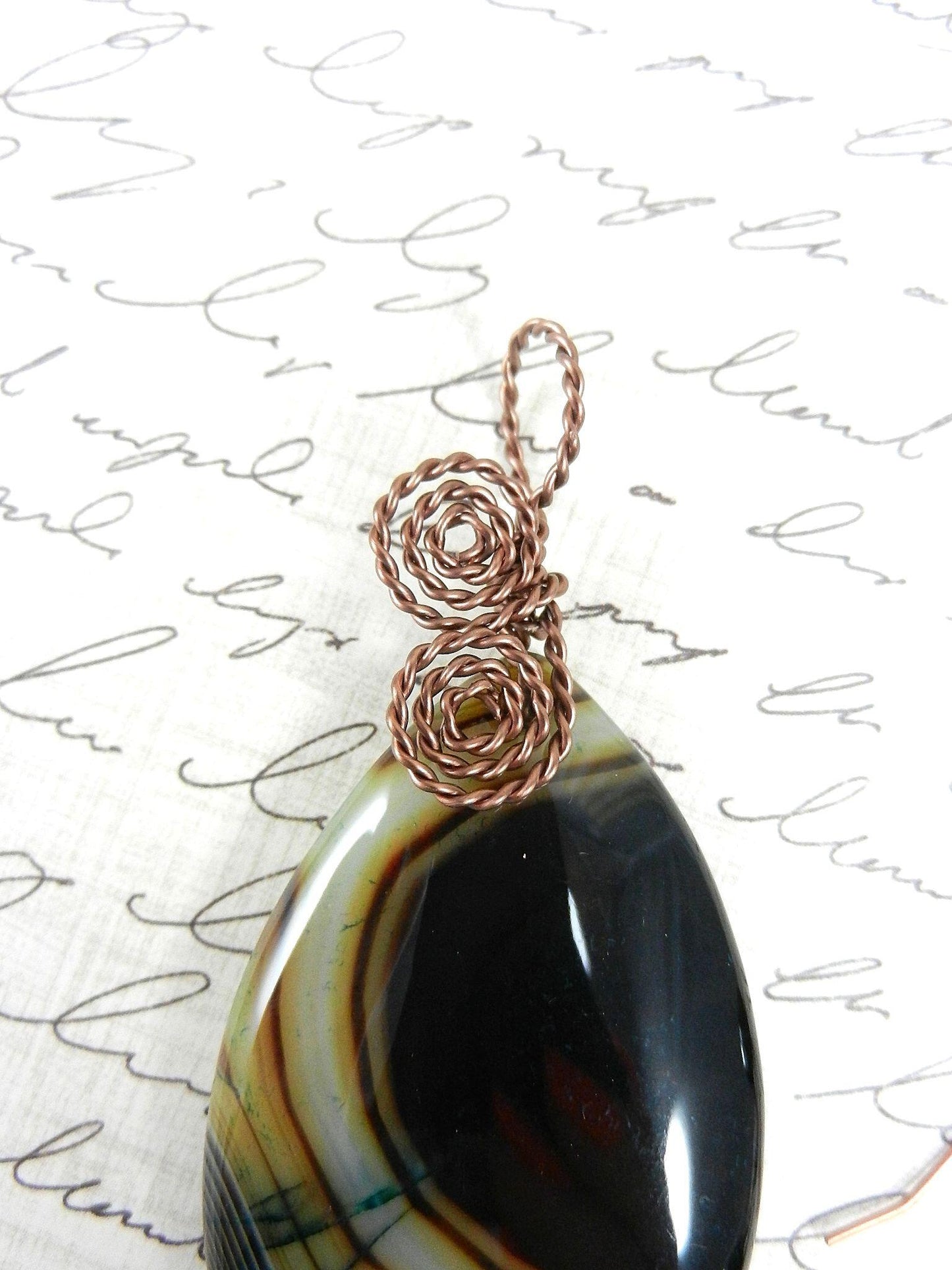 Copper Wire Wrapped Black and Brown Agate Gemstone Pendant with Matching Agate Earrings
