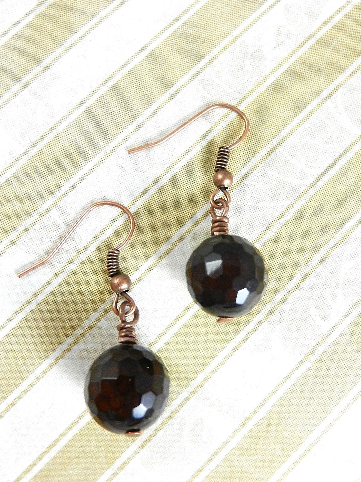 Copper Wire Wrapped Black and Brown Agate Gemstone Pendant with Matching Agate Earrings