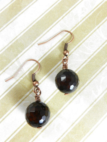 Copper Wire Wrapped Black and Brown Agate Gemstone Pendant with Matching Agate Earrings