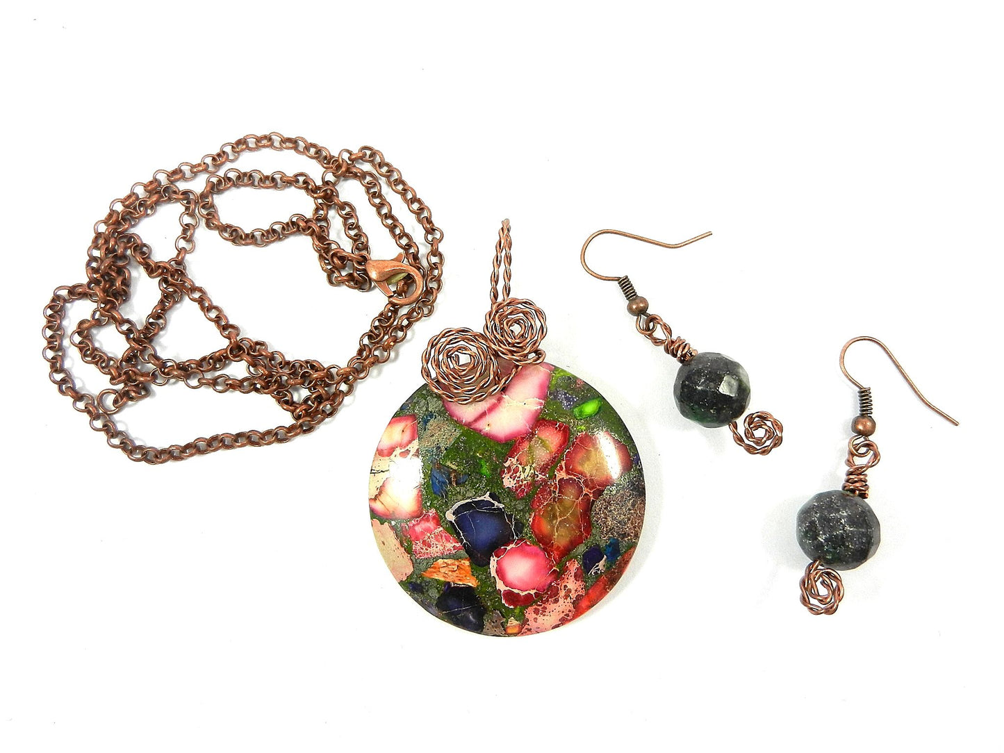 Copper Wire Wrapped Green and Pink Sea Sediment Jasper Pendant with Ruby in Fuchsite Earrings