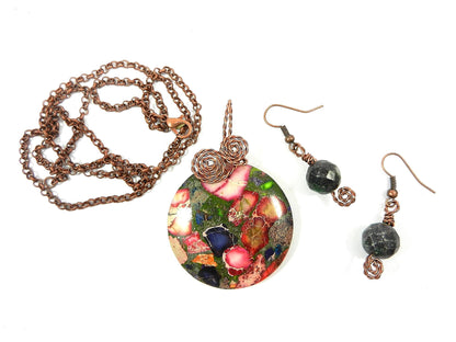 Copper Wire Wrapped Green and Pink Sea Sediment Jasper Pendant with Ruby in Fuchsite Earrings