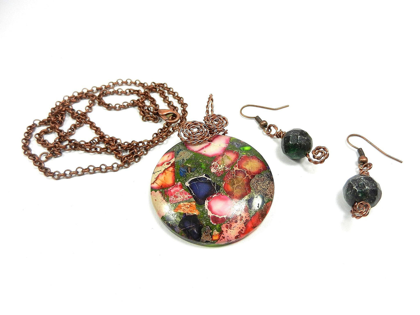 Copper Wire Wrapped Green and Pink Sea Sediment Jasper Pendant with Ruby in Fuchsite Earrings
