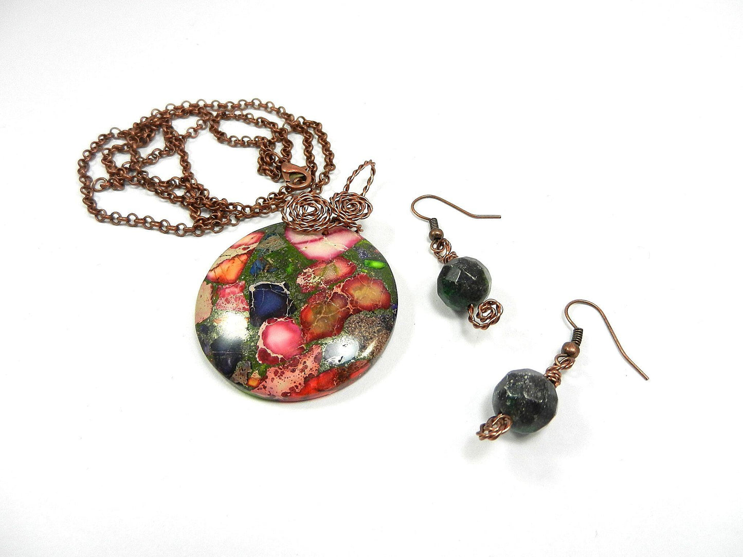Copper Wire Wrapped Green and Pink Sea Sediment Jasper Pendant with Ruby in Fuchsite Earrings