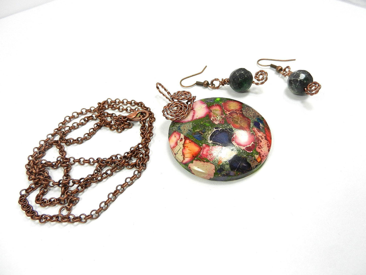 Copper Wire Wrapped Green and Pink Sea Sediment Jasper Pendant with Ruby in Fuchsite Earrings