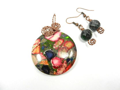 Copper Wire Wrapped Green and Pink Sea Sediment Jasper Pendant with Ruby in Fuchsite Earrings