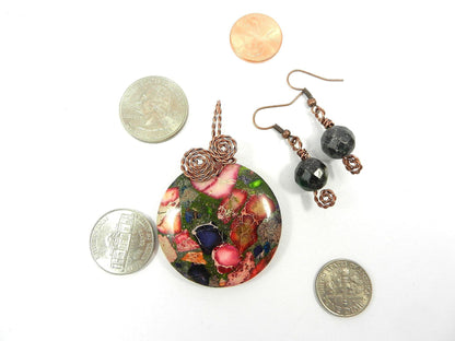 Copper Wire Wrapped Green and Pink Sea Sediment Jasper Pendant with Ruby in Fuchsite Earrings