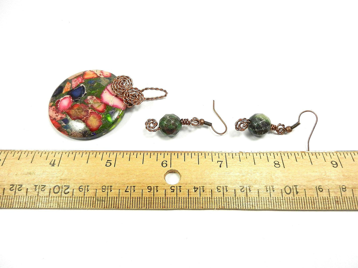 Copper Wire Wrapped Green and Pink Sea Sediment Jasper Pendant with Ruby in Fuchsite Earrings