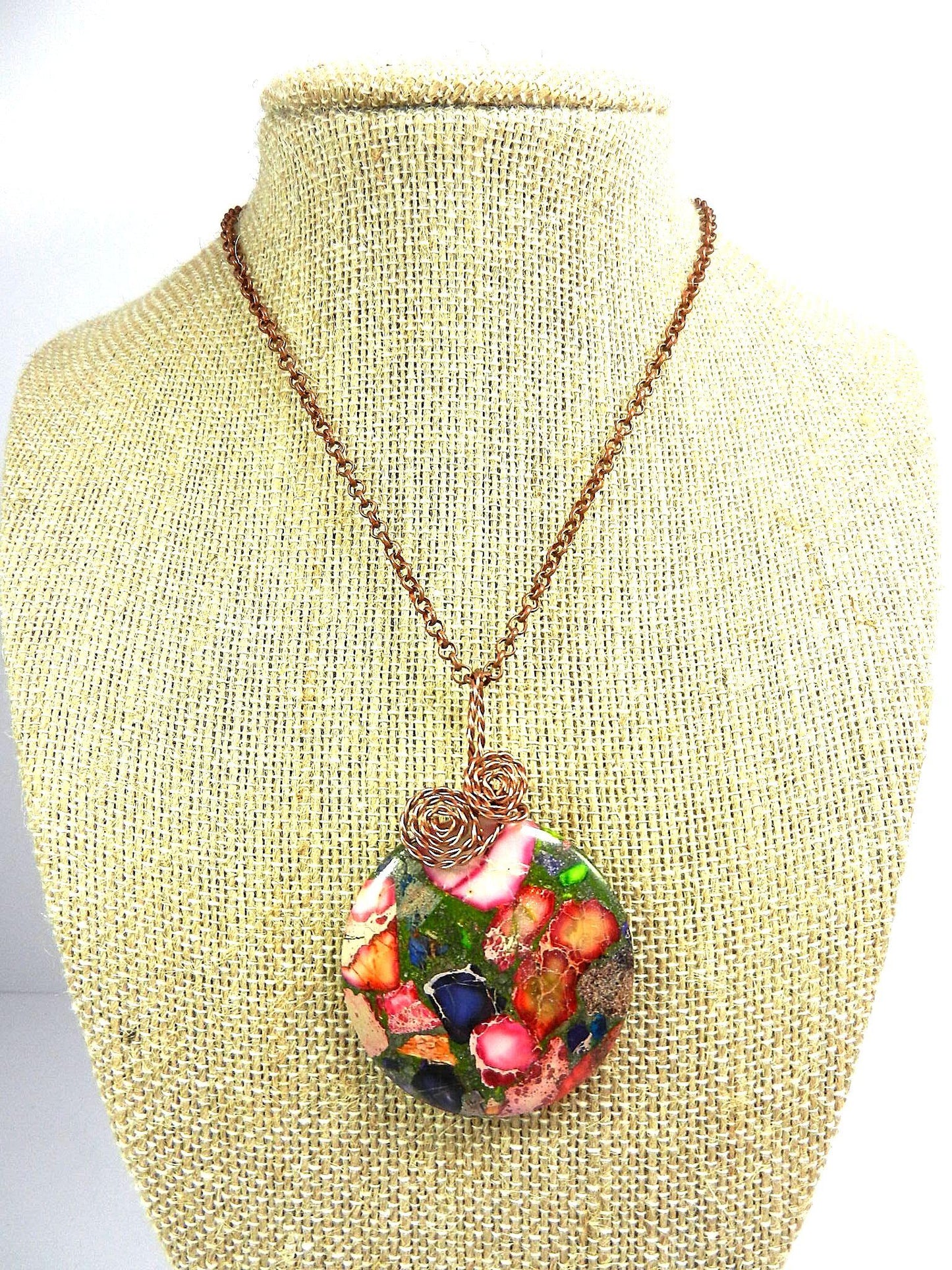 Copper Wire Wrapped Green and Pink Sea Sediment Jasper Pendant with Ruby in Fuchsite Earrings