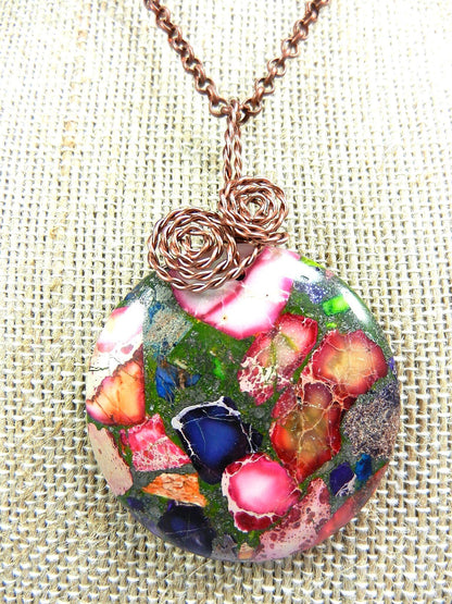 Copper Wire Wrapped Green and Pink Sea Sediment Jasper Pendant with Ruby in Fuchsite Earrings