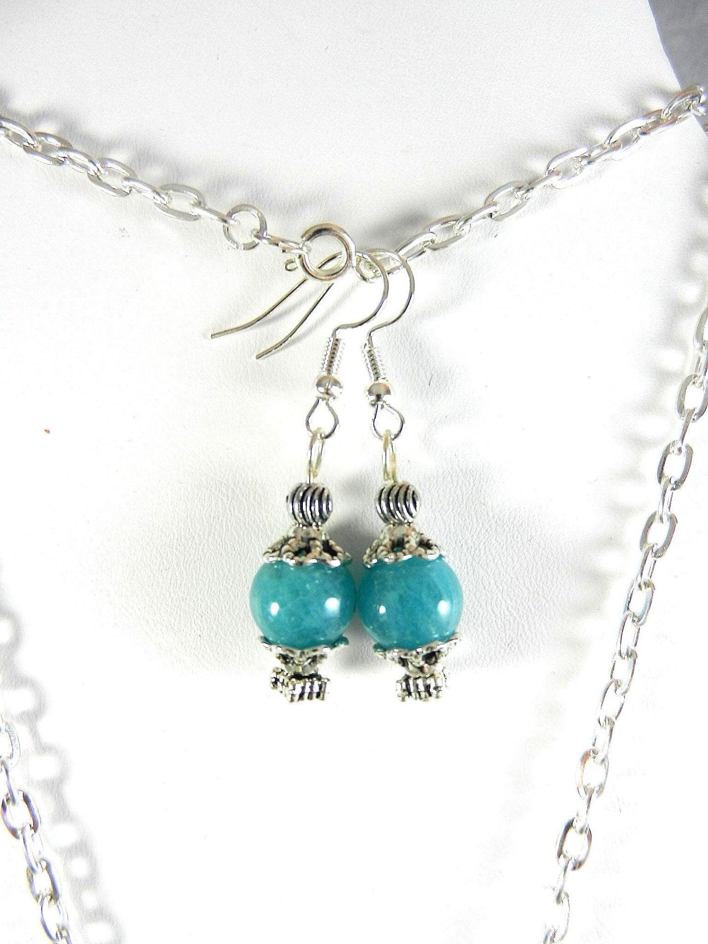 Blue Crazy Lace Agate Teardrop Gemstone Pendant Silver Wire Wrapped Pendant Necklace with Blue Agate Earrings