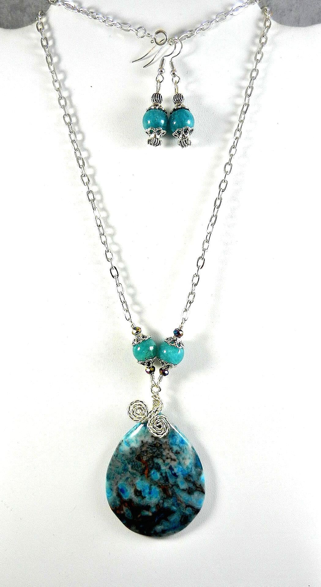 Blue Crazy Lace Agate Teardrop Gemstone Pendant Silver Wire Wrapped Pendant Necklace with Blue Agate Earrings