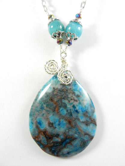 Blue Crazy Lace Agate Teardrop Gemstone Pendant Silver Wire Wrapped Pendant Necklace with Blue Agate Earrings