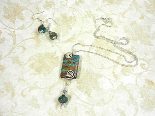 Blue and Brown Imperial Jasper Silver Wire Wrapped Rectangle Gemstone Pendant Necklace with Turquoise Earrings