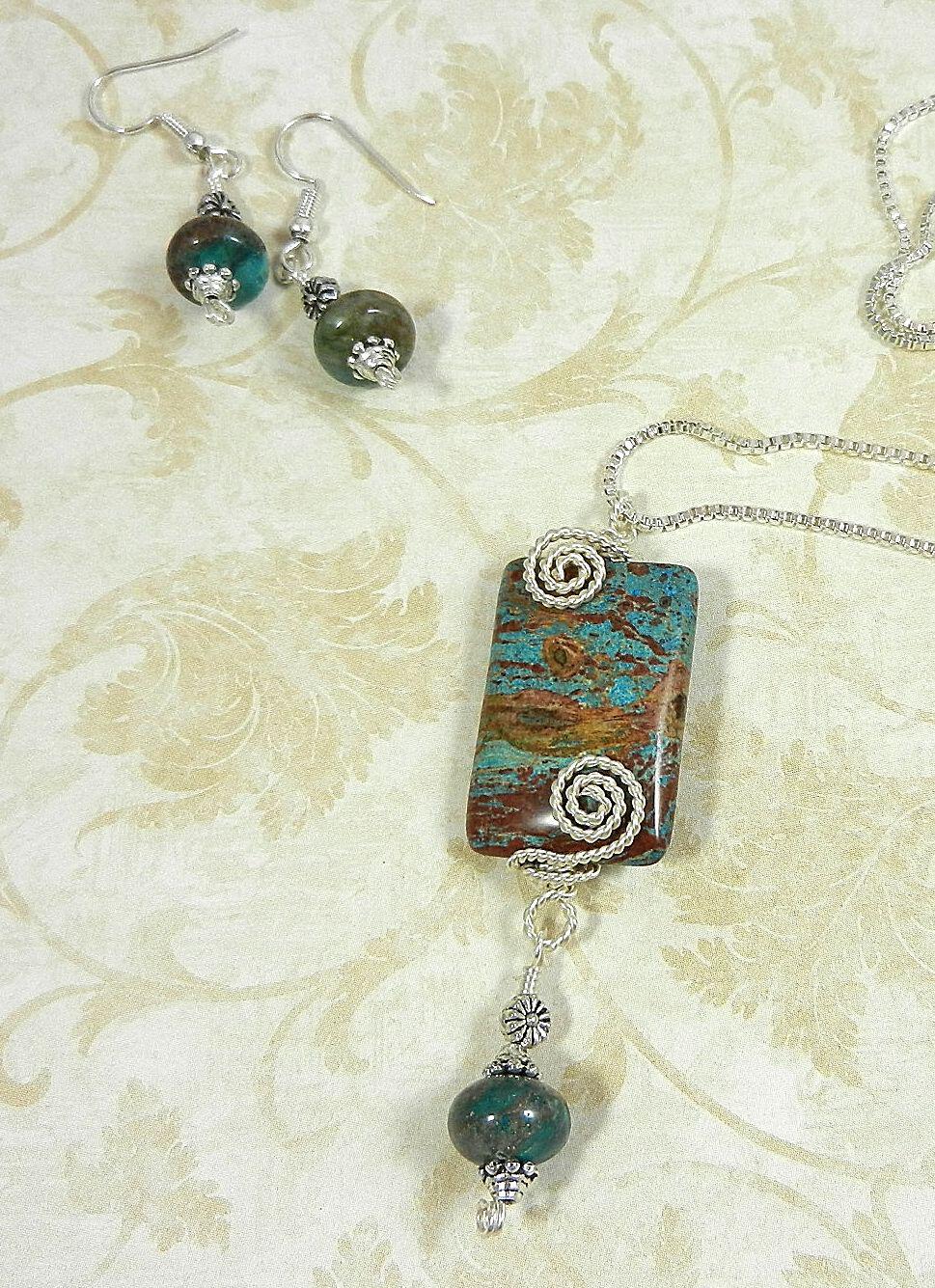 Blue and Brown Imperial Jasper Silver Wire Wrapped Rectangle Gemstone Pendant Necklace with Turquoise Earrings