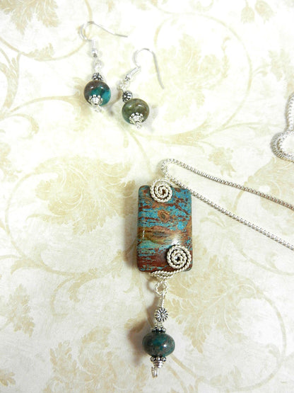Blue and Brown Imperial Jasper Silver Wire Wrapped Rectangle Gemstone Pendant Necklace with Turquoise Earrings