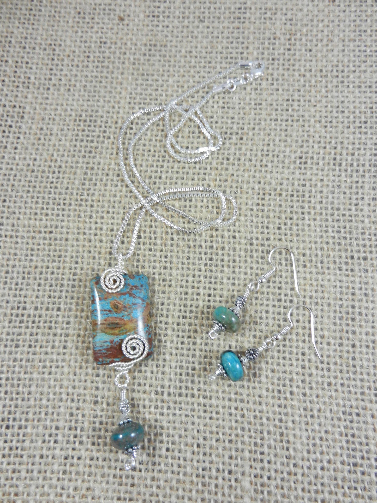 Blue and Brown Imperial Jasper Silver Wire Wrapped Rectangle Gemstone Pendant Necklace with Turquoise Earrings