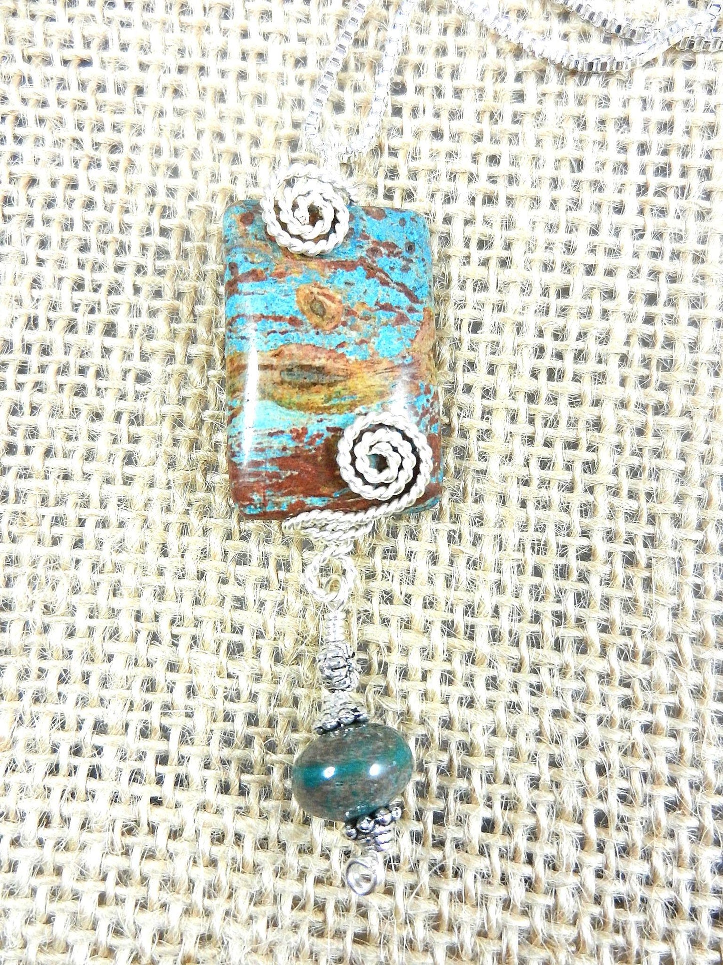 Blue and Brown Imperial Jasper Silver Wire Wrapped Rectangle Gemstone Pendant Necklace with Turquoise Earrings