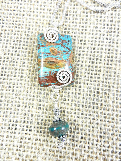Blue and Brown Imperial Jasper Silver Wire Wrapped Rectangle Gemstone Pendant Necklace with Turquoise Earrings