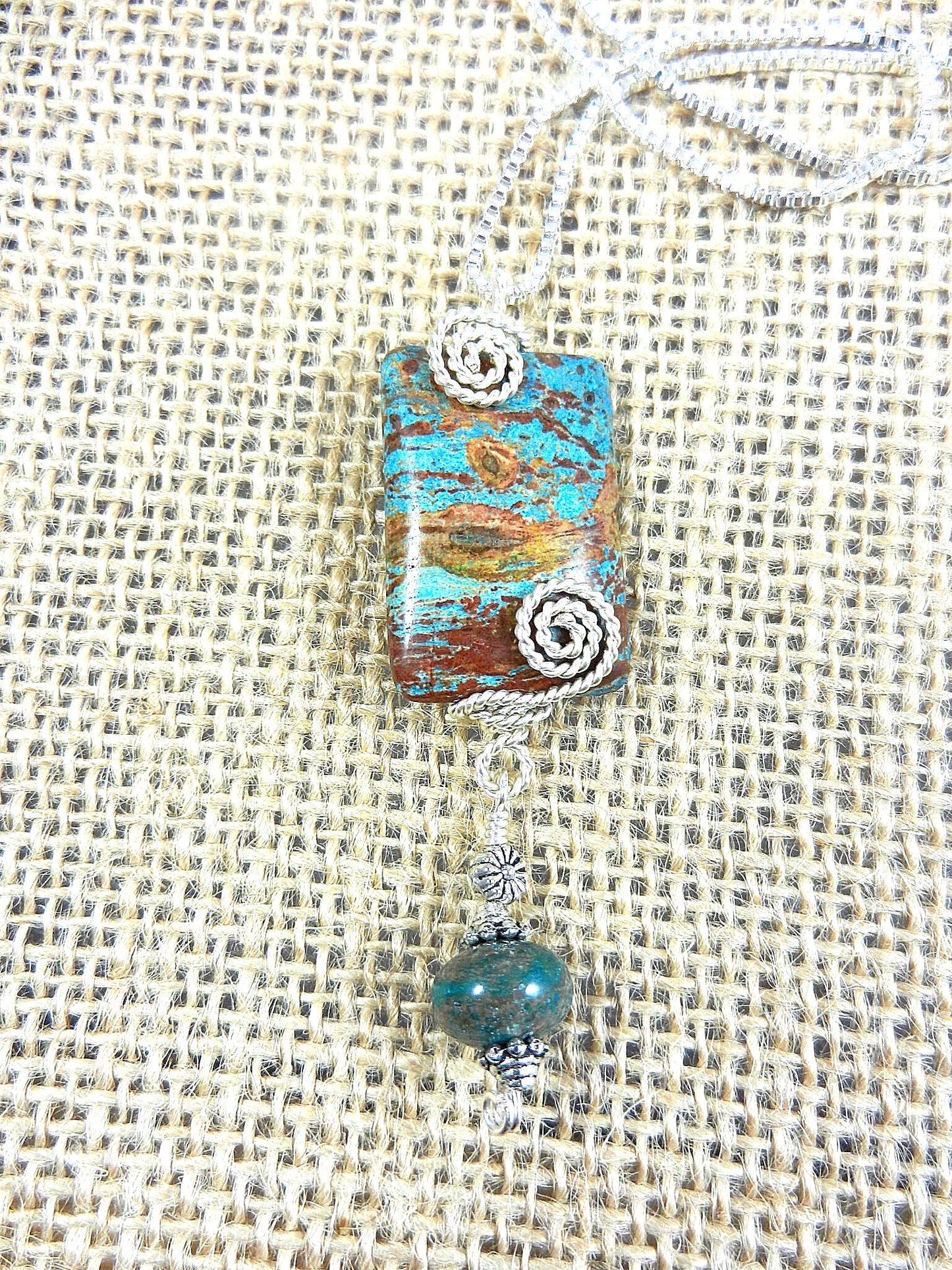 Blue and Brown Imperial Jasper Silver Wire Wrapped Rectangle Gemstone Pendant Necklace with Turquoise Earrings