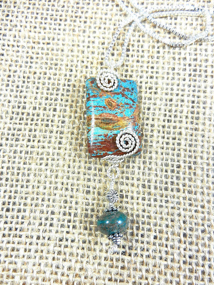 Blue and Brown Imperial Jasper Silver Wire Wrapped Rectangle Gemstone Pendant Necklace with Turquoise Earrings