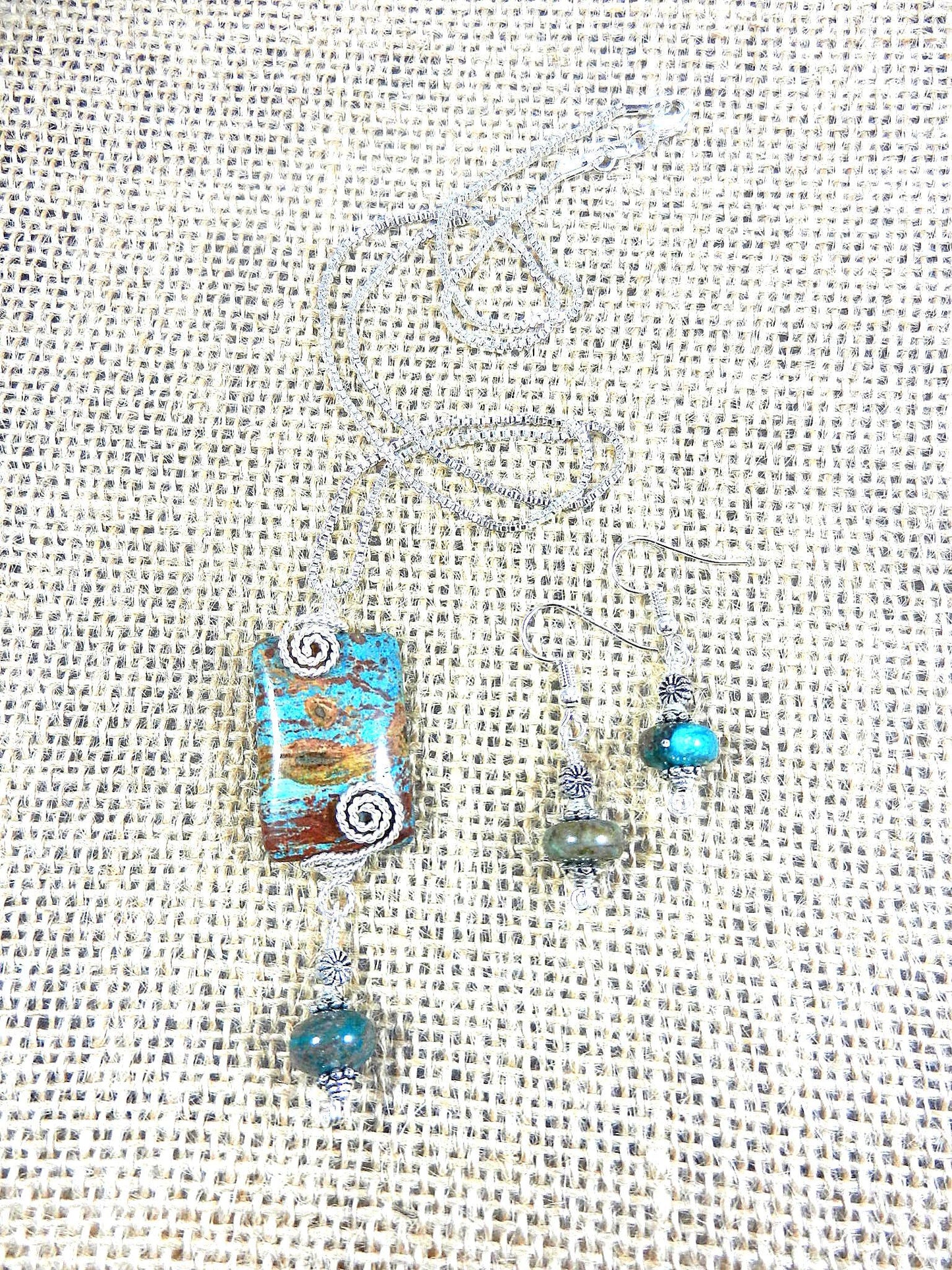 Blue and Brown Imperial Jasper Silver Wire Wrapped Rectangle Gemstone Pendant Necklace with Turquoise Earrings