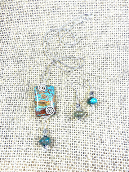 Blue and Brown Imperial Jasper Silver Wire Wrapped Rectangle Gemstone Pendant Necklace with Turquoise Earrings