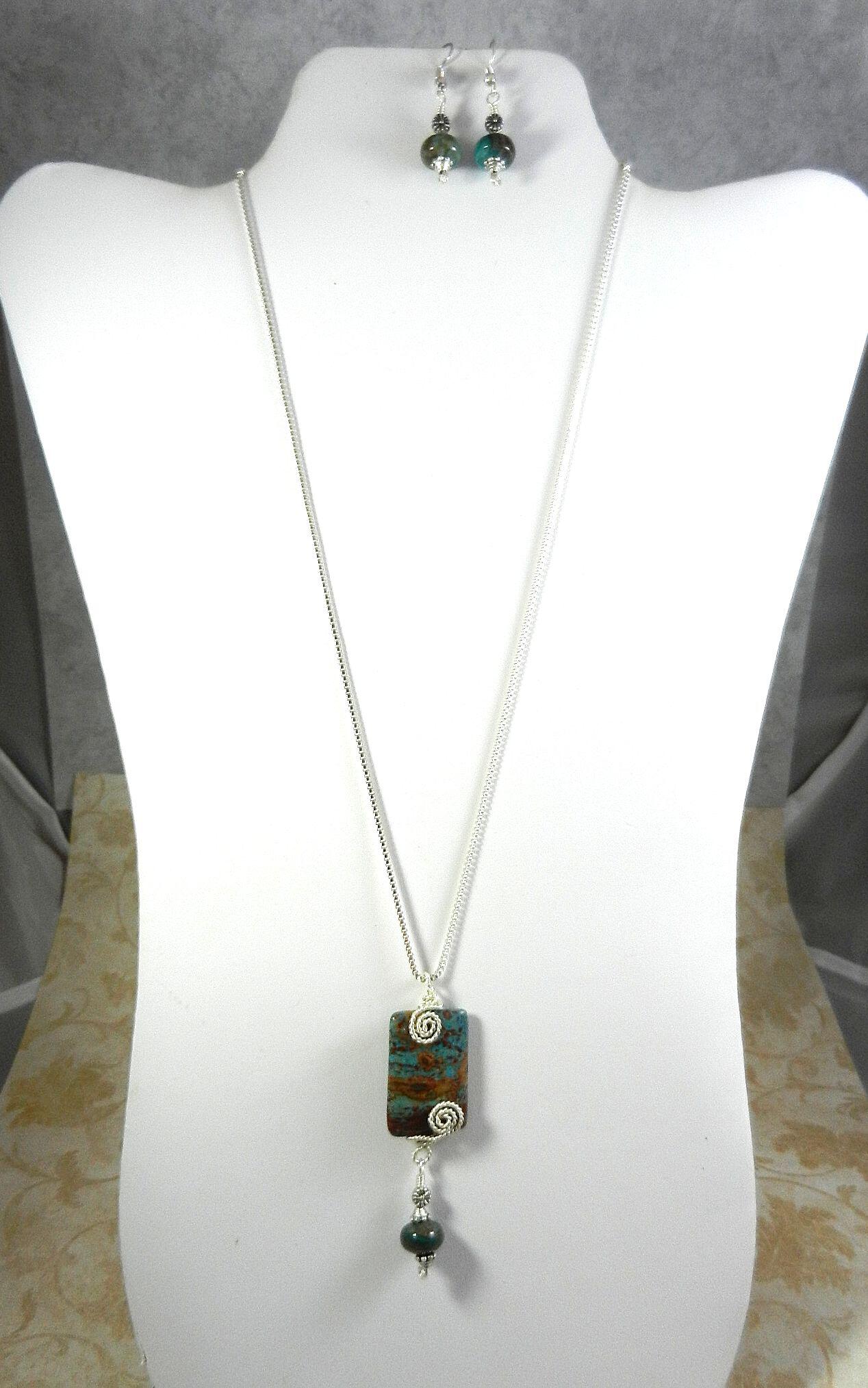 Blue and Brown Imperial Jasper Silver Wire Wrapped Rectangle Gemstone Pendant Necklace with Turquoise Earrings