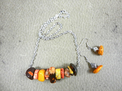 Wire Wrapped Yellow Orange Brown Cream and Gold Turquoise Necklace and Matching Earrings