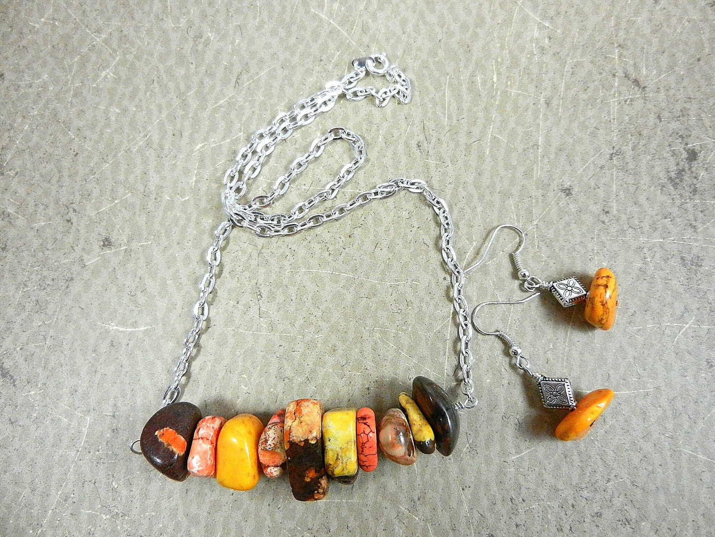Wire Wrapped Yellow Orange Brown Cream and Gold Turquoise Necklace and Matching Earrings