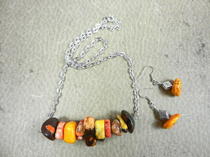 Wire Wrapped Yellow Orange Brown Cream and Gold Turquoise Necklace and Matching Earrings