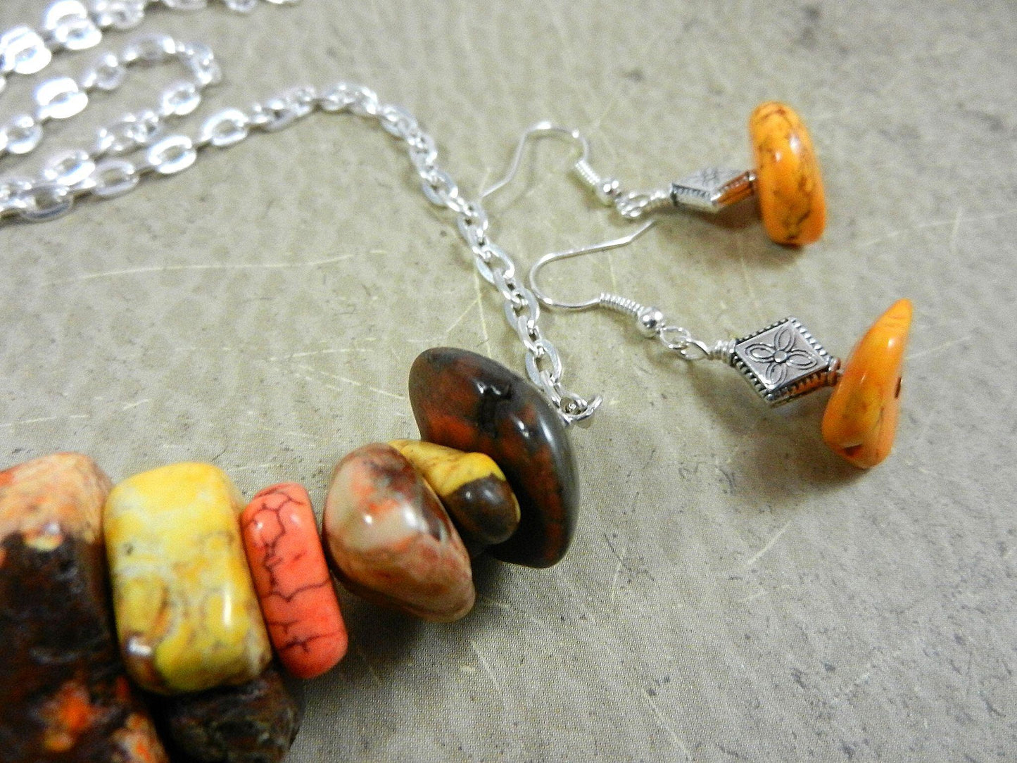 Wire Wrapped Yellow Orange Brown Cream and Gold Turquoise Necklace and Matching Earrings