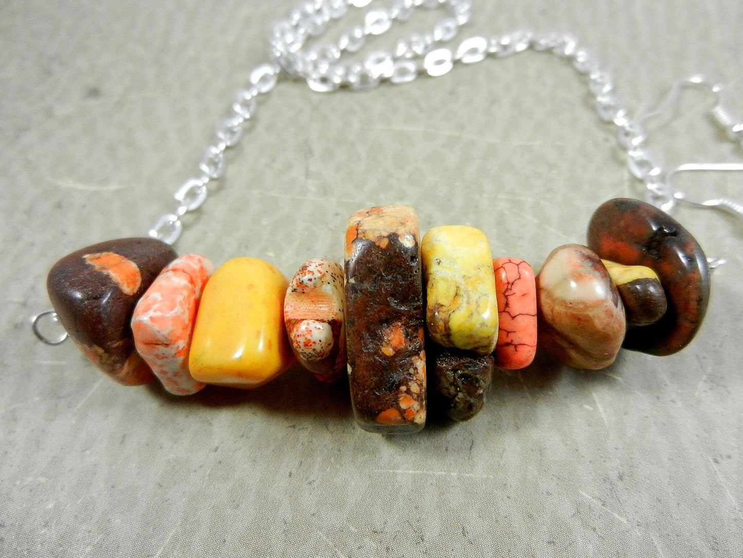 Wire Wrapped Yellow Orange Brown Cream and Gold Turquoise Necklace and Matching Earrings