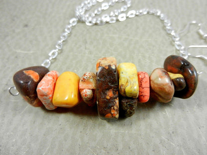 Wire Wrapped Yellow Orange Brown Cream and Gold Turquoise Necklace and Matching Earrings